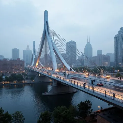 Futuristic bridge, sleek metal arches, suspension cables, modern fusion architecture, dynamic curves, angular lines, vibrant LED lighting, urban cityscape, misty morning atmosphere, shallow depth of f