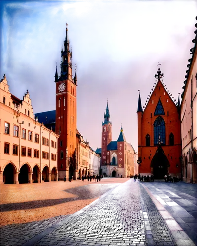 Old Town Krakow, Poland, medieval architecture, colorful buildings, Gothic spires, cobblestone streets, vibrant market square, St. Mary's Basilica, Cloth Hall, morning mist, soft sunlight, 3/4 composi