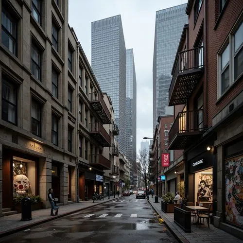 Gritty urban landscape, rough concrete walls, rusty metal accents, weathered brick facades, industrial-style windows, modern skyscrapers, sleek glass towers, polished steel surfaces, intricate stone c