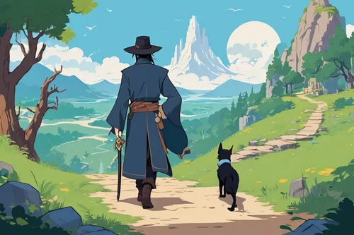 the wanderer,pilgrims,adventurer,stroll,wander,pilgrim,wanderer,guards of the canyon,travel poster,cowboy silhouettes,pilgrimage,game illustration,explorer,game art,exploration,mountain guide,wild west,ritriver and the cat,travelers,magical adventure,Illustration,Japanese style,Japanese Style 06