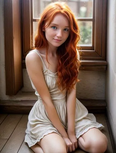 A young girl with tousled red hair lies on a windowsill, her eyes open. The sunlight streams through the window and casts a warm glow on the scene. The girl's gentle smile is broad. The room is cozy a