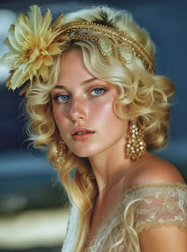 a woman wearing a tiara and gold ear clips,headpieces,beautiful bonnet,bridal jewelry,headdress,syrena,millinery,Photography,General,Realistic