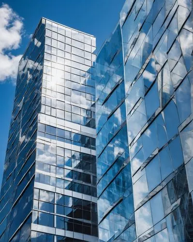 Modern skyscraper, sleek façade, Craft tec architectural glass, reflective surface, silver frames, geometric patterns, urban landscape, cityscape, blue sky, fluffy white clouds, sunny day, dramatic sh