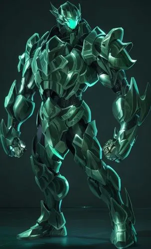 a humanoid warrior in dark green and dark blue metal armor,cleanup,patrol,argus,steel man,green skin,aa,malachite,mech,wall,3d man,bot,aaa,iron,ora,mecha,emerald lizard,armored,butomus,high volt,sigma