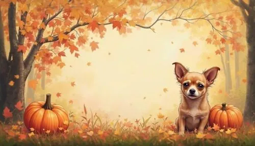 a painting of a chihuahua in a pumpkin forest,autumn background,fall animals,thanksgiving background,autumn theme,Chihuahua 