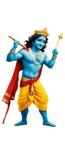 Lord Sri Krishna, Indian god, blue-skinned, smiling face, elegant hairstyle, golden crown, pearl necklace, yellow dhoti, red shawl, holding flute, standing with one leg bent, lush green background, wa