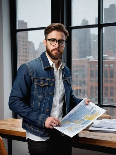 Architecture designer, 30s, masculine, Northeastern style clothing, black-rimmed glasses, short brown hair, beard, denim jacket, white shirt, dark blue jeans, black boots, holding blueprints, standing