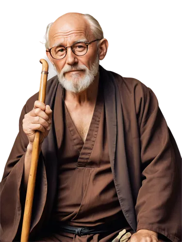 Wise old man, white beard, glasses, wrinkles, balding, serious expression, brown robe, wooden cane, sitting, introspective, warm lighting, shallow depth of field, cinematic composition, natural textur