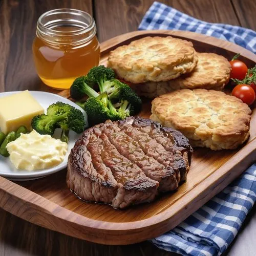 A plate with fried steak and biscuits and vegetables  on a serving  wooden tray with a small jar of honey and a dish of butter, side full view,meat, broccoli and vegetables sitting on top of a tray,ta