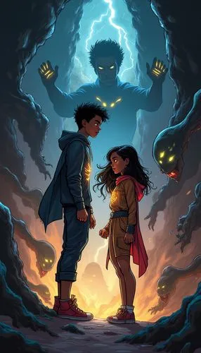 A dynamic comic book scene featuring an african american teen brother and sister, Ryan and Riley, depicted as action heroes. Both have powers of light. Brother has light coming out of hands, and siste