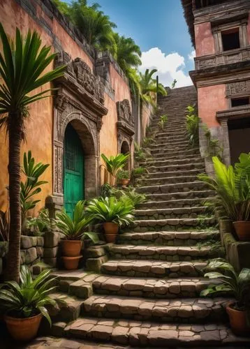 Ancient Mesoamerican-inspired architecture, Mexico City, vibrant colors, intricate stone carvings, ornate facades, grandiose pyramids, stepped roofs, Mayan ruins, lush greenery, tropical plants, palm 