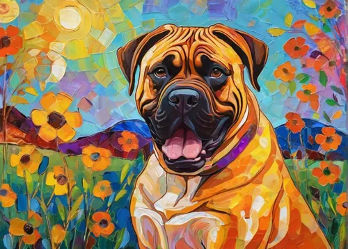 Describe the peaceful and joyful life of a Boerboel dog in a serene countryside setting, enjoying the company of its human family.,english mastiff,boerboel,bullmastiff,american mastiff,spanish mastiff