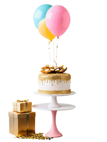 Birthday cake, colorful balloons, confetti, golden decorations, shiny gift boxes, vibrant flowers, pastel colors, soft focus, warm lighting, shallow depth of field, 3/4 composition, cinematic renderin