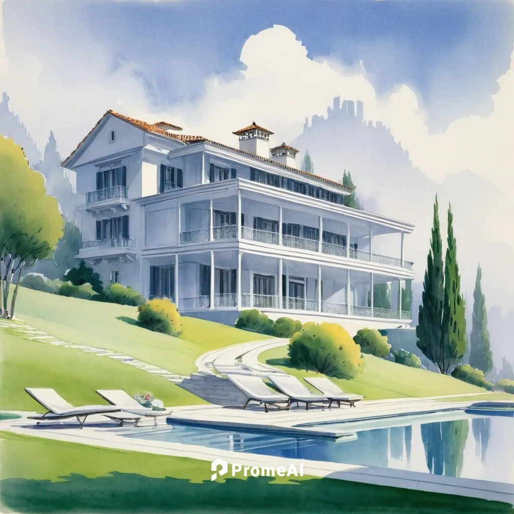 Architectural Illustration,house with lake,villa balbianello,house by the water,bendemeer estates,house painting,villa,home landscape,boathouse,idyllic,boat house,villa balbiano,country club,houseboat