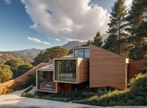 modern house with trees pine,view day ,before rain,timber house,house in the mountains,dunes house,house in mountains,bohlin,forest house,flintridge,cubic house,the cabin in the mountains,cube house,m