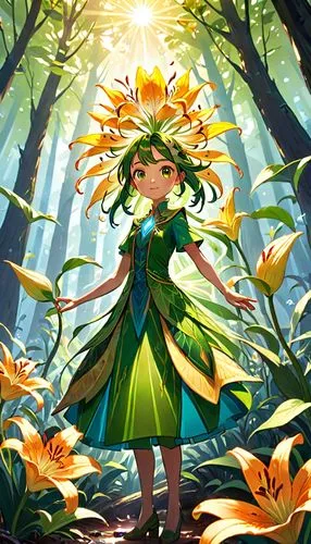 woodland sunflower,celestial chrysanthemum,flower fairy,fae,garden fairy,rosa 'the fairy,arnica,dryad,chrysanthemum background,acerola,flower background,forest clover,spring background,sunburst background,flora,sun flower,star dahlia,tree anemone,spring leaf background,child fairy,Anime,Anime,General