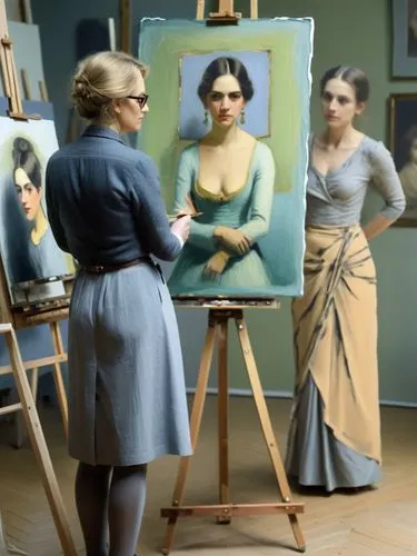 The picture shows Franz Lehnbach from behind in the foreground, painting at an easel. On the easel is a half-finished portrait of Anna Schäffer. In the background, slightly offset to the right, Anna S