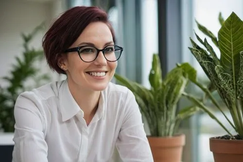 Modern architectural firm, Leicester city, UK, sleek glass building, minimalist interior, wooden accents, plants, natural light, 3/4 composition, shallow depth of field, professional female architect,