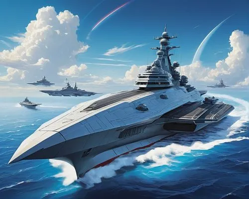 White Ultra-modern high-tech warship, laser guns, space distortion systems, takeoff engines, blue sky, blue sea,,a bunch of ships on a large body of water,supercarriers,supercarrier,scharnhorst,warshi