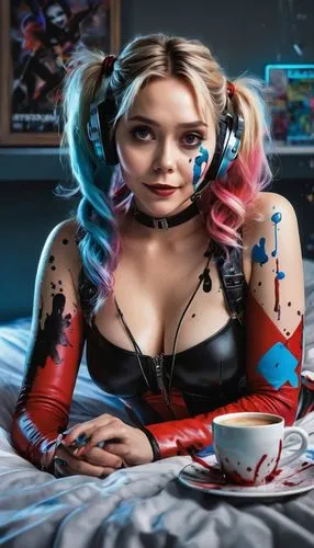 harley quinn,harley,barista,jinx,woman drinking coffee,cyborg,cuppa,cyberangels,cyberdog,retro woman,tattoo girl,girl at the computer,retro girl,cybernet,cups of coffee,cyberstar,lavazza,espresso,fantasy woman,photoshop manipulation,Conceptual Art,Graffiti Art,Graffiti Art 08