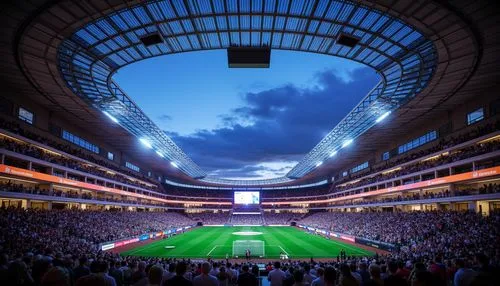 Futuristic stadium, sleek modern architecture, LED lighting systems, vibrant colorful illumination, dynamic beam angles, high-intensity spotlights, warm white ambient lighting, energy-efficient soluti