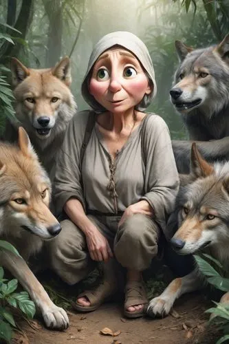 Wolves surrounded the old woman in the jungle,woodland animals,biblical narrative characters,pocahontas,animal film,red riding hood,laika,wolves,forest animals,arrowroot family,little red riding hood,