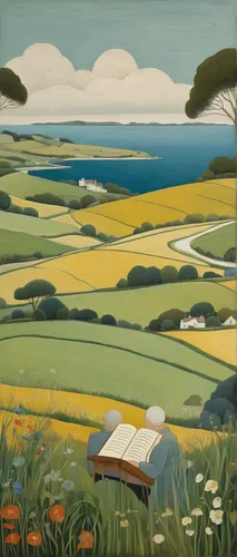 suitcase in field,olle gill,francis barlow,gower,dorset,carol colman,george russell,sussex,yorkshire,trerice in cornwall,farm landscape,martin fisher,rural landscape,grant wood,james sowerby,brook landscape,cornwall,green fields,child with a book,basset artésien normand,Art,Artistic Painting,Artistic Painting 28