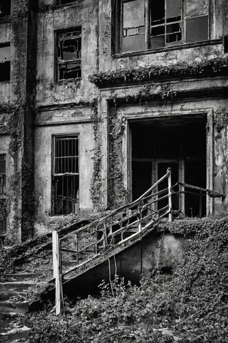 1968, retro-futuristic architecture, abandoned, ruined, crumbling concrete walls, rusty metal bars, broken glass windows, overgrown with vines, weeds, and moss, eerie ambiance, desolate atmosphere, di