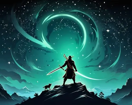 the wanderer,lone warrior,silhouette art,fantasy picture,cg artwork,heroic fantasy,avatar,bow and arrows,sagittarius,scroll wallpaper,sci fiction illustration,link,mulan,game illustration,summoner,games of light,game art,android game,scythe,green aurora,Unique,Design,Logo Design