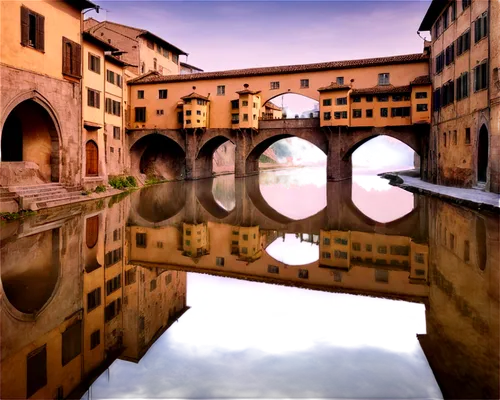 Medieval stone bridge, Ponte Vecchio, Tuscany, Italy, arched span, water reflection, River Arno, medieval architecture, worn cobblestone road, wooden shop stalls, rustic lanterns, morning mist, warm s