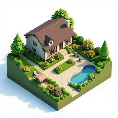 A detailed isometric view of a private plot landscape design on a slope, showcasing private house and nice with plants decorated garden. Design was made with SketchUp software. The illustration includ