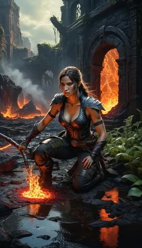 neverwinter,fire background,sandahl,cirta,teela,yavana,female warrior,elona,liora,kahlan,gotrek,bloodrayne,lara,background ivy,mercenaria,velika,vaivara,hellgate,surana,karavas,Illustration,Realistic Fantasy,Realistic Fantasy 03