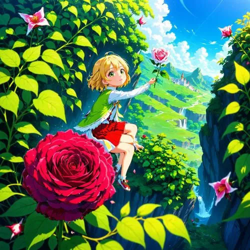 fairy world,printemps,arrietty,falling flowers,blooming field,flower field,Anime,Anime,Traditional