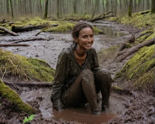 komplette frau mit haare und kleidung ist kommplet mit matsch behaftet und beschmiert. Das klein hängt nass herunter im knietiefen matsch. sie lächelt schelmisch,mud,muddy,mud wall,mud village,mud wre