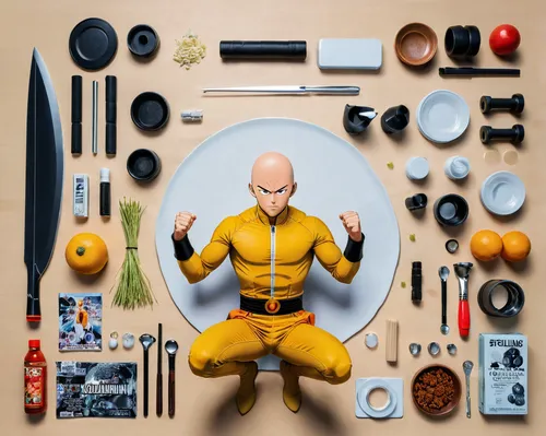 onepunchman Saitama squats,kitchen tools,conceptual photography,kitchen utensils,knife kitchen,x-men,kitchenware,x men,cooking utensils,chef,men chef,baking tools,utensils,electro,shaolin kung fu,flat