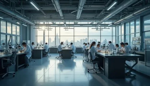 Industrial laboratory, modern architecture, glass facade, steel frame, minimalist interior, sleek lines, futuristic equipment, scientists in lab coats, goggles, microscopes, test tubes, beakers, exper