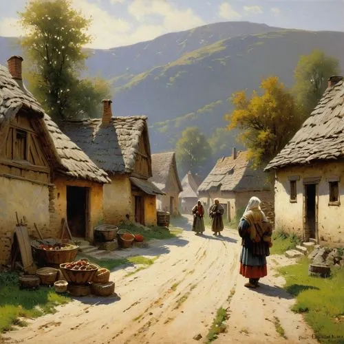 Slavic villagers,village scene,mountain village,nestruev,alpine village,village life,ansted,lobanov,dmitriev,adamov,villages,korovin,mostovoy,gertz,wooden houses,basov,cottages,old village,rahimov,med