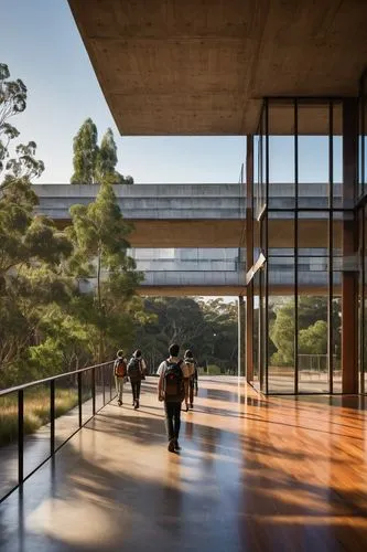 Modern university building, Australian College of Architecture Art and Design, brutalist concrete structure, large glass windows, steel beams, minimalist interior, wooden flooring, sleek lines, natura