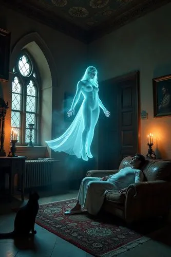 A translucent and phosphorescent ghost dressed in very sexy clothes floating above a snakeskin sofa watching Dracula lying down with a large flash of light between the two in a semi-dark gothic room l