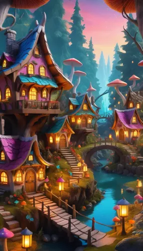 the fantasy landscape shows the river in front of buildings with lights,santa's village,fairy village,cartoon video game background,aurora village,oktoberfest background,alpine village