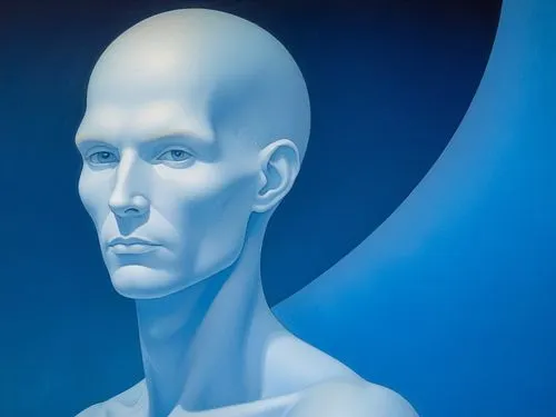 Mœbius influence,a white statue of a person with no hair and blue eyes,a wax dummy,artist's mannequin,garrison,human head,3d man,autons