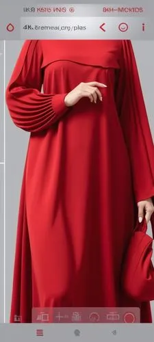 3d fashion drawing of women red  long maxi red  loose abaya fashion Muslim hijab with the pelisee and a lot of pleats on   sleeves pleated sleeves and elastic on the hand of the sleeves  loose abaya w