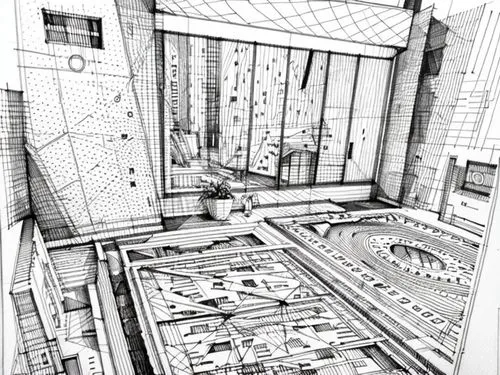 wireframe graphics,wireframe,escher,ventilation grid,frame drawing,macroperspective,metropolis,isometric,office line art,mono-line line art,panopticon,orthographic,building work,comic halftone,technic