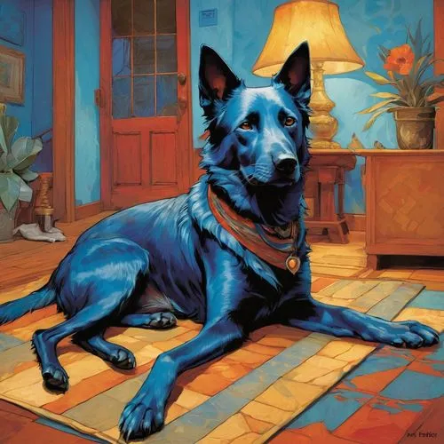 garrison,australian kelpie,bleu,wolstein,a police dog,bluesier,dog illustration,doberman,blu,blue painting,black shepherd,doberan,defence,dog,kelpie,azul,pet portrait,indigo,laika,color dogs,Conceptual Art,Fantasy,Fantasy 18