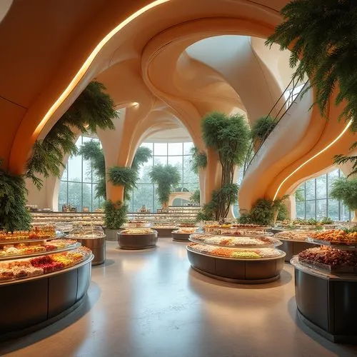 Organic curvilinear forms, futuristic grocery store, undulating rooflines, sweeping archways, vibrant color schemes, glossy metallic accents, polished concrete floors, ambient LED lighting, abundant n