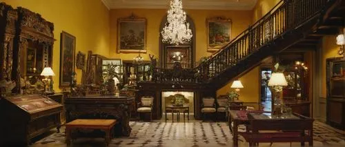 Interior of Charles Phillips Antiques, luxurious antique store, ornate wooden shelves, intricate carvings, vintage furniture, crystal chandeliers, marble floors, grand staircase, oil paintings, classi