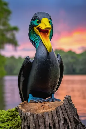 A Double-breasted Cormorant, Phalacrocorax auritus,  rests on a tree stump in the Rainbow River in Dunnellon, Florida. Image available as a premium quality aluminum print ready to hang.,perched on a l