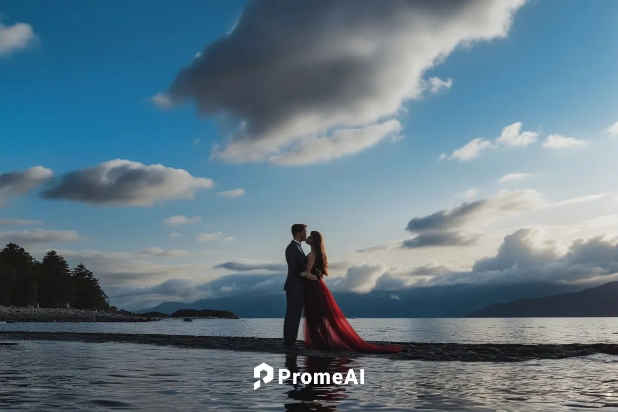 a beautiful woman in a red dress standing next to a man on the beach,girl on the river,mermaid silhouette,pre-wedding photo shoot,floating over lake,girl in a long dress,lake taupo,Photography,General