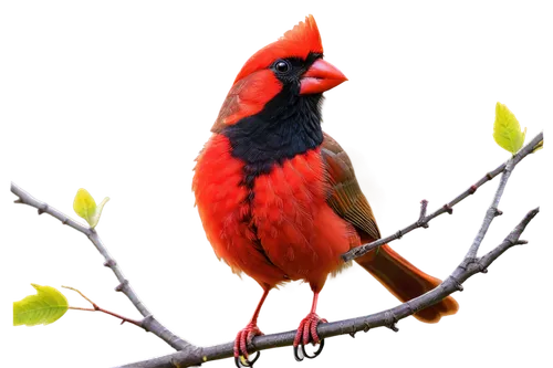 Red cardinal bird, vibrant red plumage, crest on head, black face mask, yellow beak, bright eyes, perched, spreading wings, solo, branch, green leaves, morning dew, soft sunlight filtering through lea