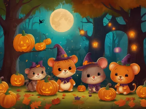 a group of animals with jack and halloween decorations,halloween wallpaper,halloween background,halloween illustration,halloween owls,halloween scene,halloween banner